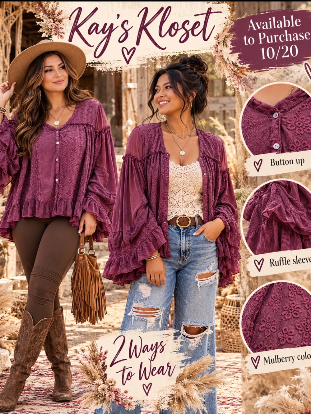 YW1–💜🔥 (ETA 10/20) Mulberry Ruffle-Sleeve Button-Up Blouse